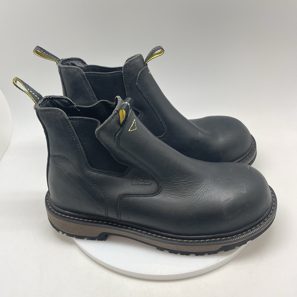 Ace Boots Mens 8 Firebrand 73361 Black Leather Comp Toe Workwear Slip On Shoes